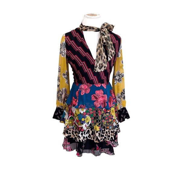 Alice + Olivia Dresses & Skirts - Alice + Olivia Dasha 100% Silk Patchwork Tiered Ruffle Mini Dress Size 4 Floral
